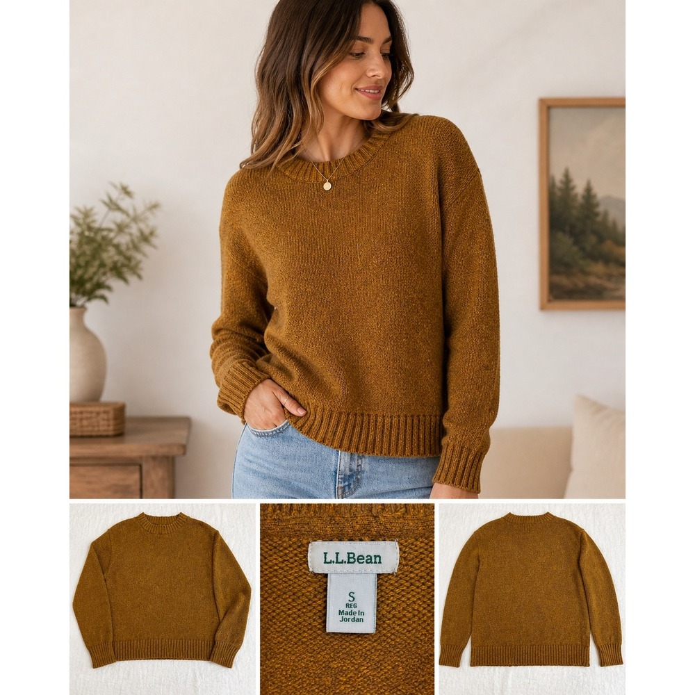 L.L.Bean Women's Sweater Small Brown Mustard Knit Crewneck Cozy Fall Pullover